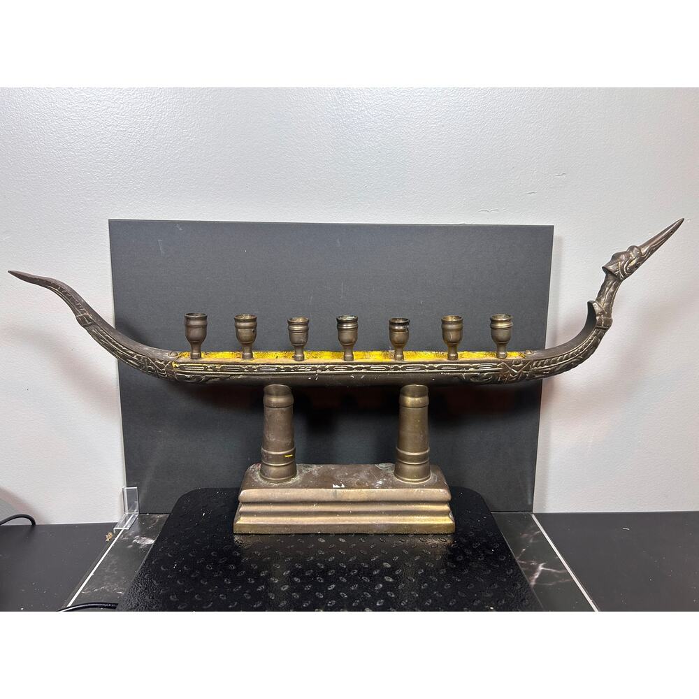 Thai Dragon Boat Brass Candelabra